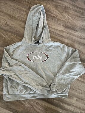 Nike Light Gray Hoodie with Floral Logo Accent